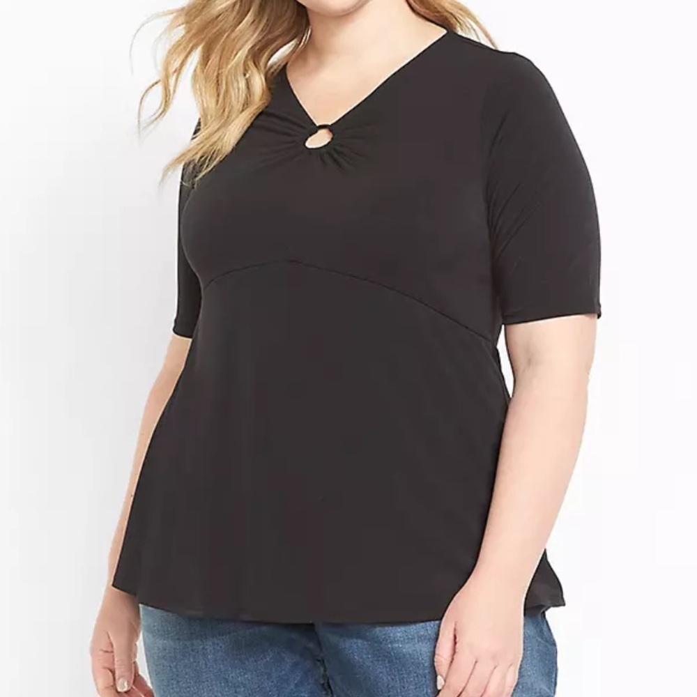 Lane Bryant Sz 22/24 Black Matte Jersey O-ring Detail Classic V-Neck Peplum Top